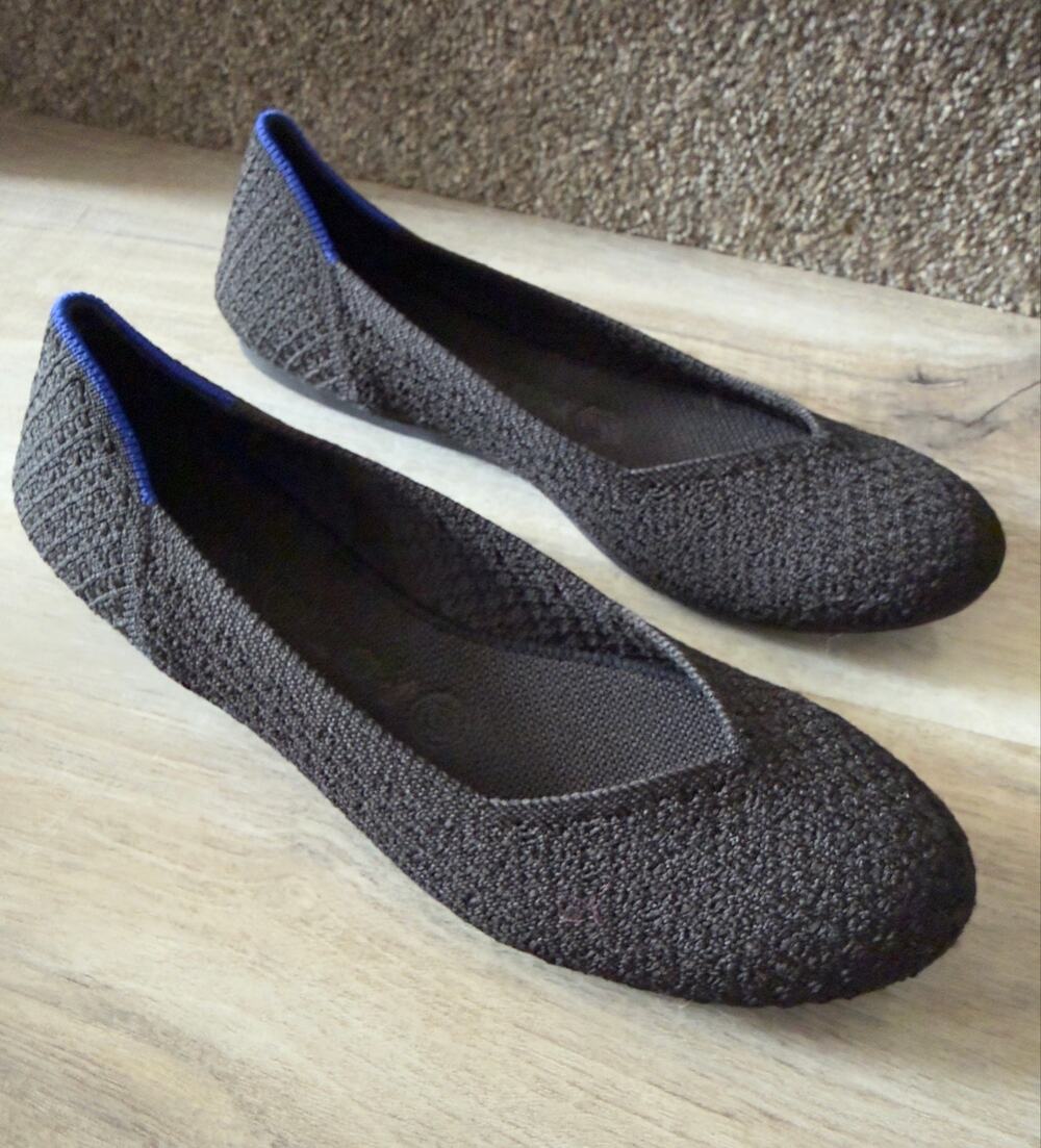 Rothy’s The Flat Black Charcoal Knit Ballet Flats Blue Trim Women’s - size 7